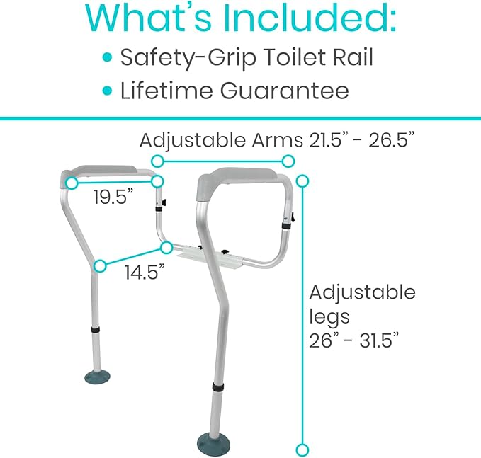 Vive Toilet Safety Rails for Seniors - Adjustable Grab Bars for Toilet - Toilet Safety Frame - Toilet Assistance for Elderly & Disabled - Toilet Seat with Handles - Bathroom Assist Bar Support Aid