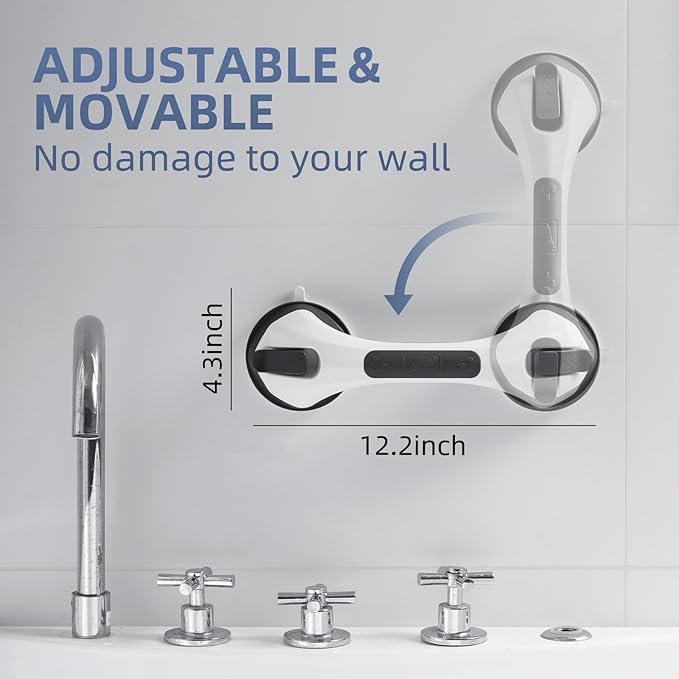 Grab Bars for Bathtubs and Showers Glow in The Dark, 12 inch Suction Grab Bar, Shower Handle Safety Grip Handrail for Seniors and Elderly, Removable Waterproof No Drilling, Black