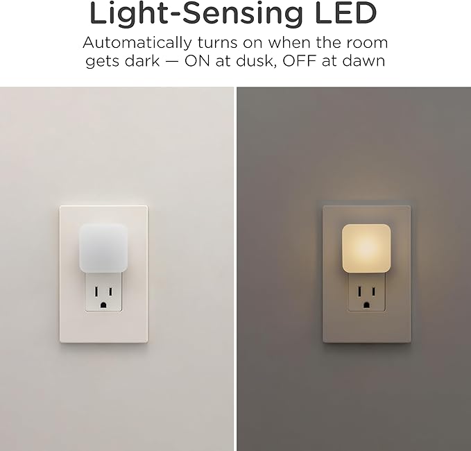 Lights by Night Mini Square LED Night Light, Plug in, Dusk to Dawn Sensor, Warm 3000K, Compact Single Outlet Design (Doesn’t Block 2nd Outlet), Ambient Lighting, Bedroom, Bathroom, 2 Pack, 82487