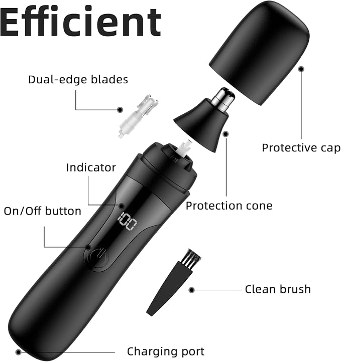 Nose Hair Trimmer, Rechargeable Professional Painless Nose Trimmer for Ear and Eyebrow, with Dual Edge Blades Easy Cleaning and Washing (Black)