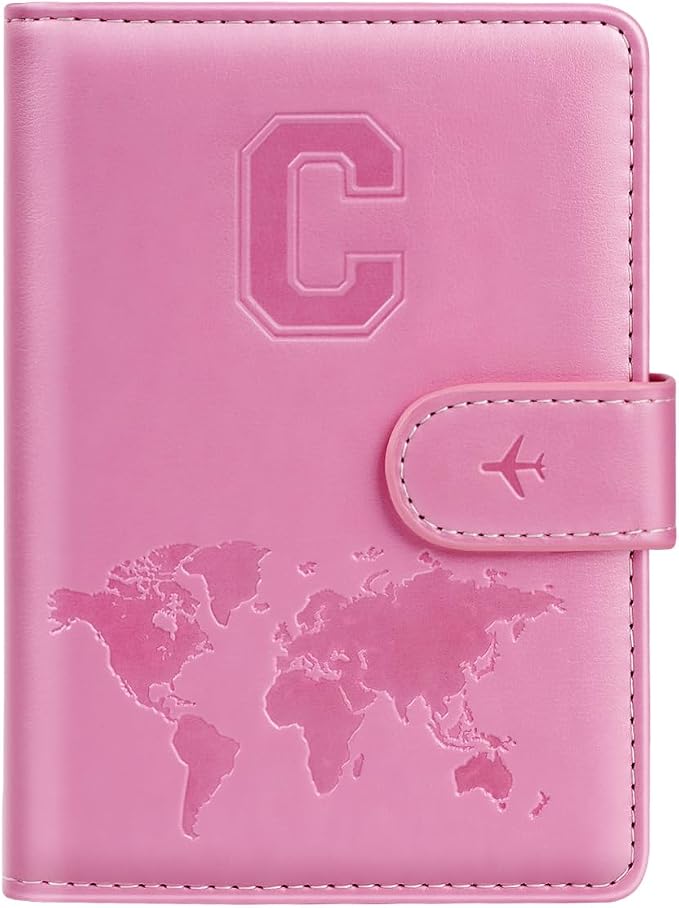 Passport Holder Cover Initial Letter A-Z Travel Wallet Personalized | Travel Essentials, Embossed Design, RFID Blocking, Personalized Gift, Passport Book Holders for Women Girls, Pink-C