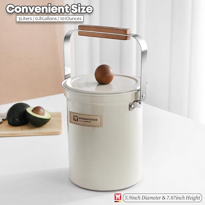 WAGENSTEIGER Kitchen Countertop Compost Bin 101ounces / 3Liters, Airtight Lid SUS304 Stainless Steel Odor-Free Food Waste Bin with Wooden Handle Stylish Design/Bathroom Trash Can (White)