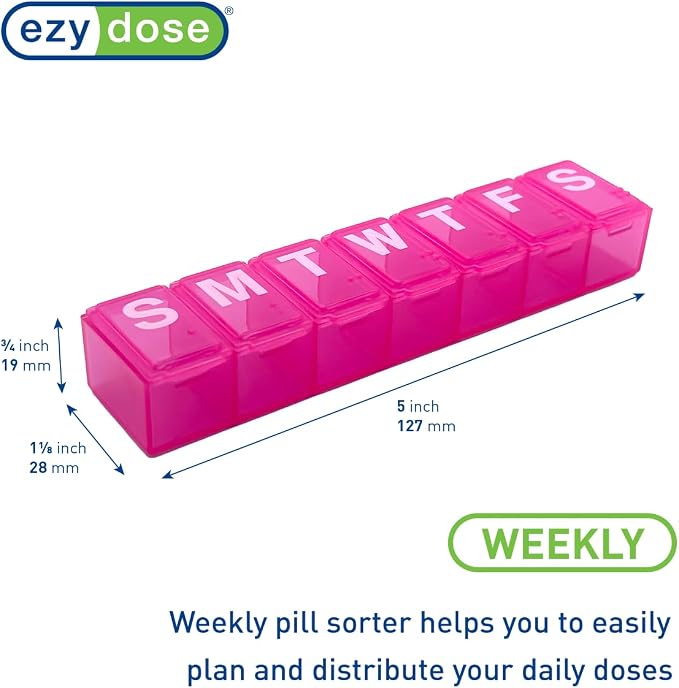 Ezy Dose Weekly (7-Day) Pill Organizer, Medium Planner, Pink, BPA-Free | Compact Daily Vitamin & Supplement Medicine Case, Pop Up Compartments, Convenient and Easy to Use, Travel-Friendly, BPA-Free