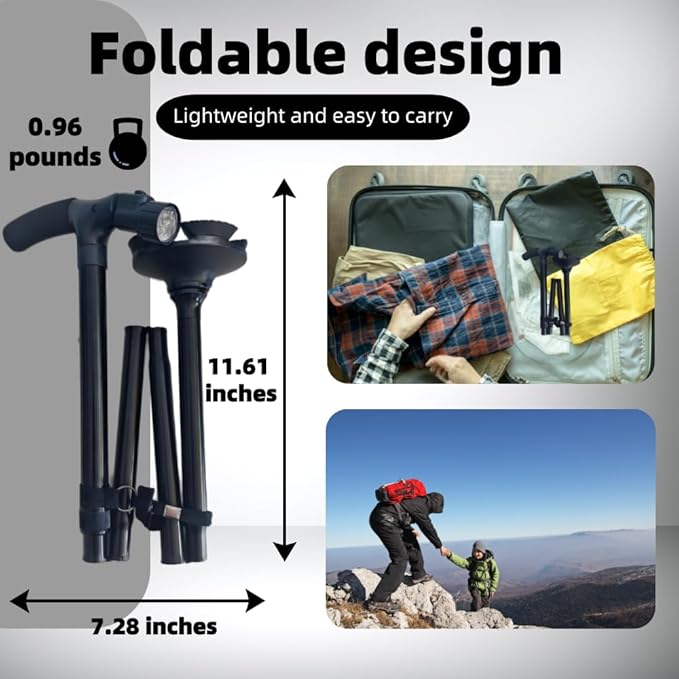 Lightweight Adjustable Folding Walking Canes for Men and Women-360° Swivel Base,Non-Slip Handle,LED Safety Light & Wrist Strap-Assist Seniors & Adults with Daily Walking,Stairs,Balance Support