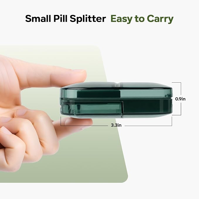 Pill Cutter Splitter with Precise Cutting for Large, Small & Tiny Pills | with Removable Silicone Pad, Easy-Cut Stainless Steel Blade for Tablets, Vitamins, Medication, Portable, Compact Size, Green
