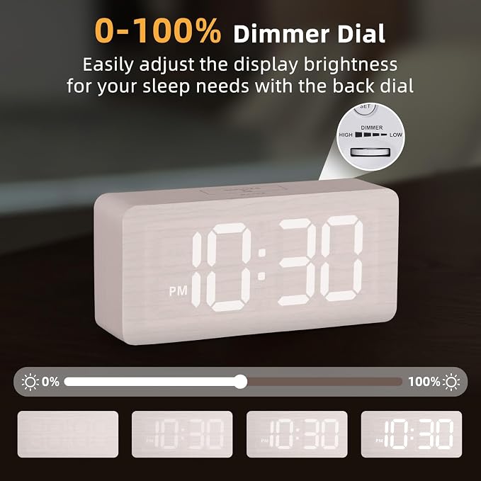 uscce Wooden Digital Alarm Clocks for Bedrooms with 0-100% Dimmable Display | Desk Clock with Large Numbers for Living Room - Loud Dual Alarm for Heavy Sleepers with Volume Control - Wood Decor & Gifts