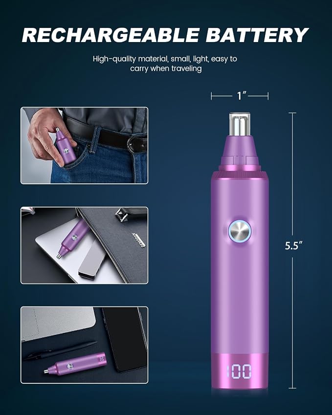 Ear and Nose Hair Trimmer for Men and Women, Painless USB Rechargeable Electric Facial & Eyebrow Hair Remover with LED Display, Dual-Edge Blades for Smooth,13000 RPM Motor IPX7 Waterproof (Purple)
