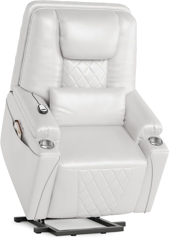 Recliner Chair, Electric Power Lift Chair with Remote, Stand Assist for Elderly, 3 Adjustable Positions, USB Charging Ports, Cup Holders, Side Storage Pockets, Comfortable Sofa for Living Room, White