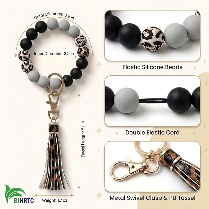 BIHRTC Key Ring Bracelet Car Keychain Holder Wristlet Silicone Women Beaded Bangle Chains