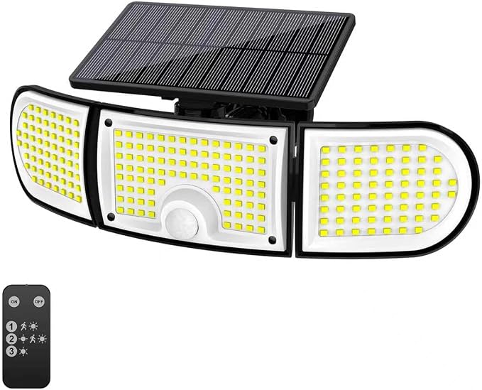 Solar Outdoor Lights, 3000LM 218 LED Motion Sensor Lights with Remote Control, IP65 Waterproof,270° Wide Angle Flood Wall Lights with 3 Modes for Outside Patio Wall (1pc)