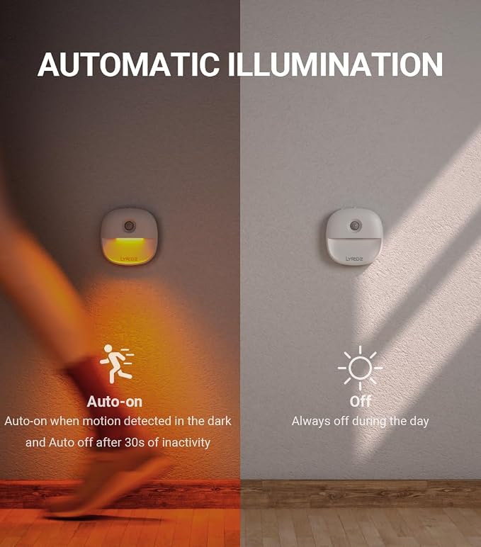 Lyridz Rechargeable Battery Night Light with Motion Sensor, Dimmable Amber Nightlights for Bathroom, Bedroom, Hallway, Stairs, Pet House, 3 Pack