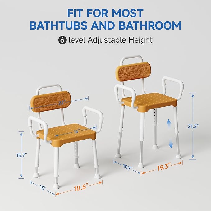 Shower Chair for Inside Shower ，Bath Chair with Arms and Back,Aluminum Shower Stool for Tub,Slip Resistant Shower Bench,Height-Adjustable Shower Seat with Padded Handles for Seniors，Brown