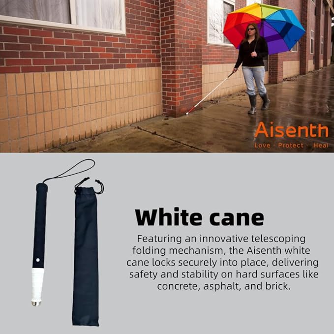 Telescopic Retractable White Cane for Blind-Foldable Mobility Stick with Wrist Strap&Storage Pouch,Non-Slip Sweat-Absorbent Handle,Fixed Alloy Tip|Lightweight Portable Blind Walking Cane Stick