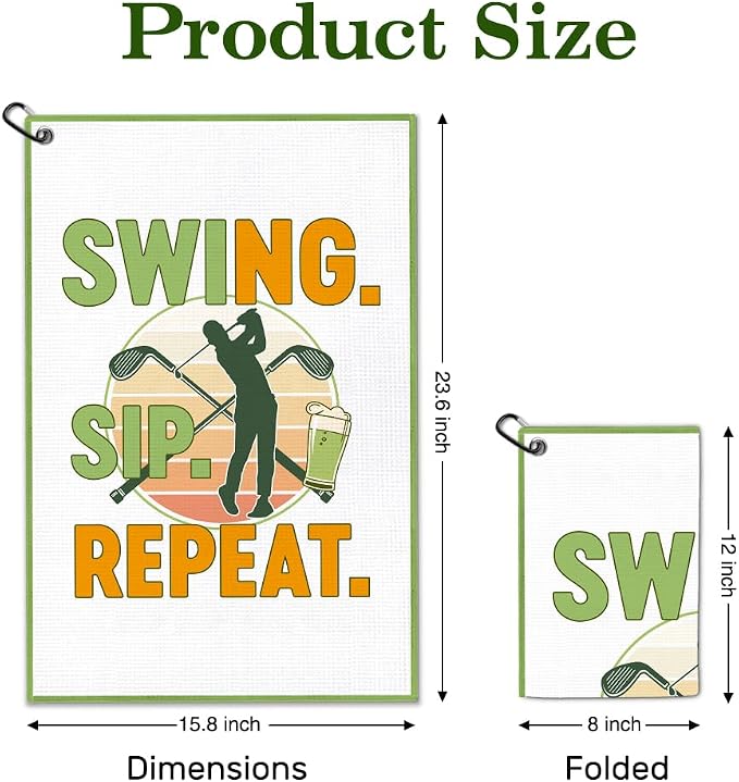 Swing Sip Repeat Golf Towel with Clip, Funny Golf Bag Accessories for Men Women, Golfing Accessories for Men Women, Retirement Birthday Gifts for Golfer, Golfing Gifts for Grandpa Dad Uncle Mom