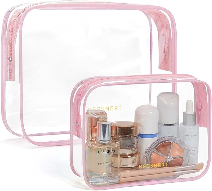 BAGSMART Clear Toiletry Bag 2-Pack TSA Approved Water-Repellent, Pink | Carry on Travel Accessories Bag, Airport Airline Quart Size Bags for Women Men, Makeup Cosmetic Bag