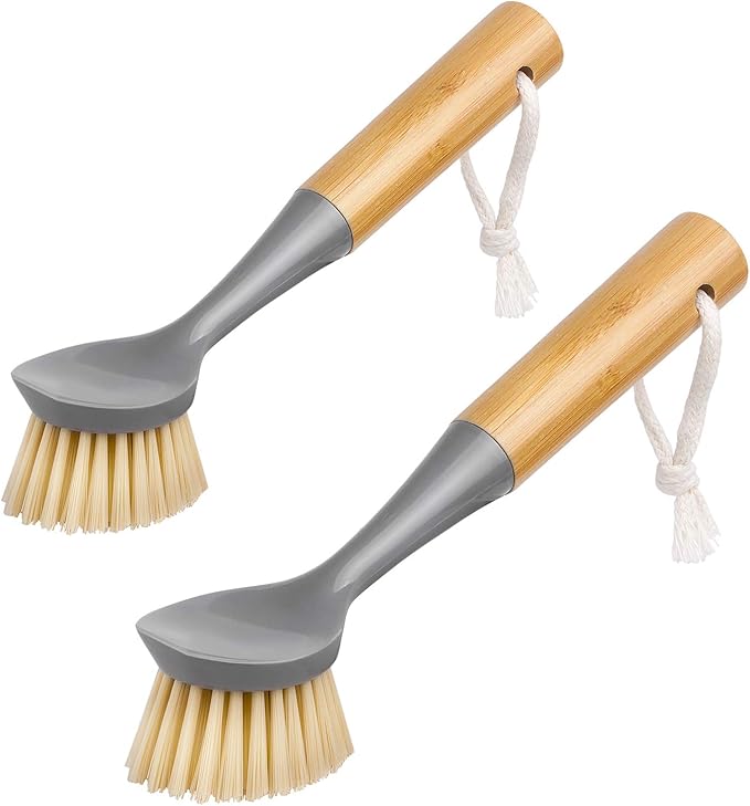 MR.SIGA Dish Brush with Bamboo Handle Built-in Scraper, Pack of 2 | Scrub brush for dishes, pans, pots, kitchen sinks cleaning, palm scrubber, palm scrub brush, dish scrubber with handle