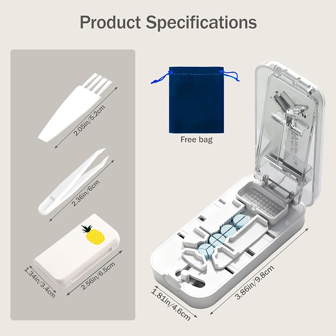 3-in-1 Adjustable Pill Cutter for Small & Large Pills, Professional Pill Splitter Cuts Tablets into 1/2, 1/3 & 1/4, Cuts Multiple Tablets,Hidden Blade，with Storage Box and Tweezers (White)