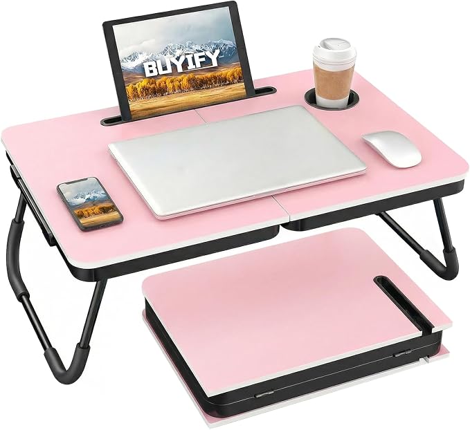 BUYIFY 23.4" Foldable Lap Desk Bed Table with Cup Holder Portable Tray | Folds Flat for Easy Storage, No Assembly Laptop Bed Desk, Sturdy and Lightweight, Patent Design,Pink
