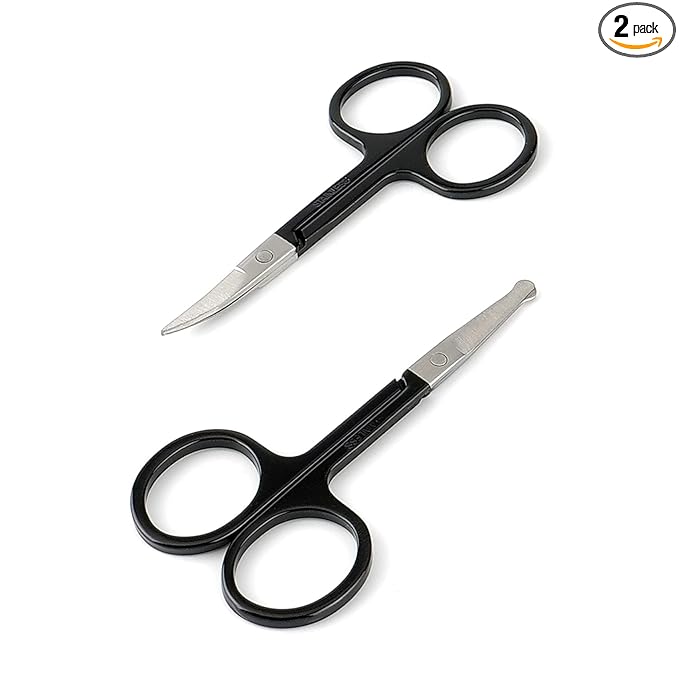 Facial Hair Small Grooming Scissors For Men Women - Eyebrow, Nose Hair, Mustache, Beard, Eyelashes, Ear Trimming Kit - Curved and Rounded Safety Tip Clippers For Hair Cutting- 2PCS Black