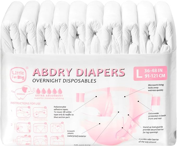 Littleforbig Adjustable Tapes Adult Diaper 10 Pieces - ABDry Ultra Absorbent Diapers 6500 mL White (Large 36"-48")