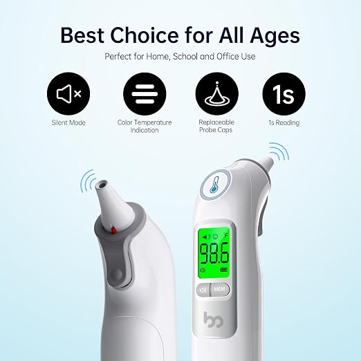 Femometer Family Ear Thermometer for Adults and Kids, Gray | 1s Fast Accurate Reading, 30-Memory Recall, 3-Color Fever Alert, ℃/℉ Switchable, Silent Mode, with 24 Disposable Probe Covers