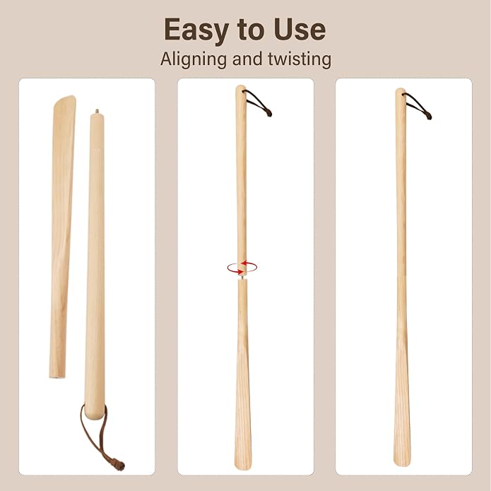 Wood Long Shoe Horn Long Handle for Seniors Women Men Wooden Shoehorn Travel for Boots, Detachable Design