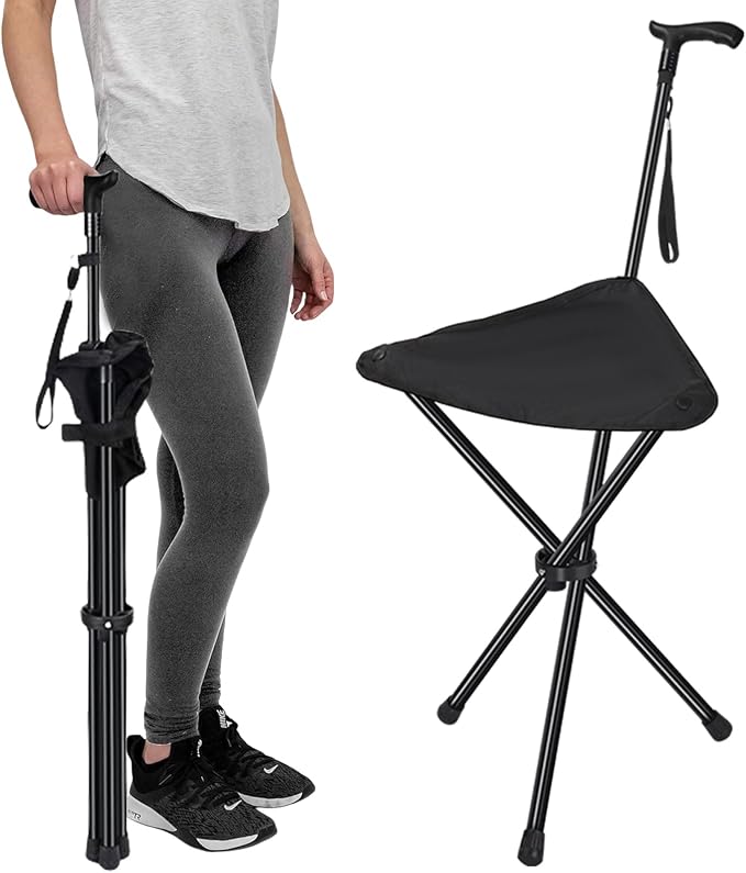 FATTCHIAR Cane with Seat Folding Lightweight, Adjustable Height 34.2"-39.7" Walking Stick with Seats, Cane Chair Capacity 220lbs, Portable Stool for Adults Seniors-Black