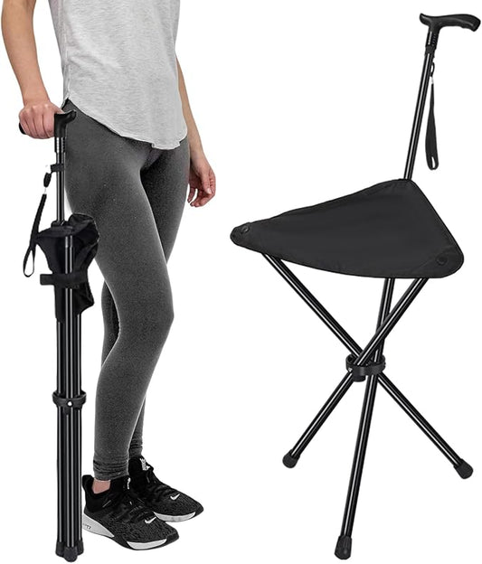 FATTCHIAR Cane with Seat Folding Lightweight, Adjustable Height 34.2"-39.7" Walking Stick with Seats, Cane Chair Capacity 220lbs, Portable Stool for Adults Seniors-Black