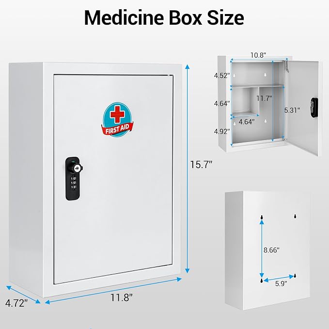 Locking Medicine Cabinet with Combination Lock and Safety Key | Rust-resistant galvanized steel, wall mounted first aid storage for bathroom, home, office and school