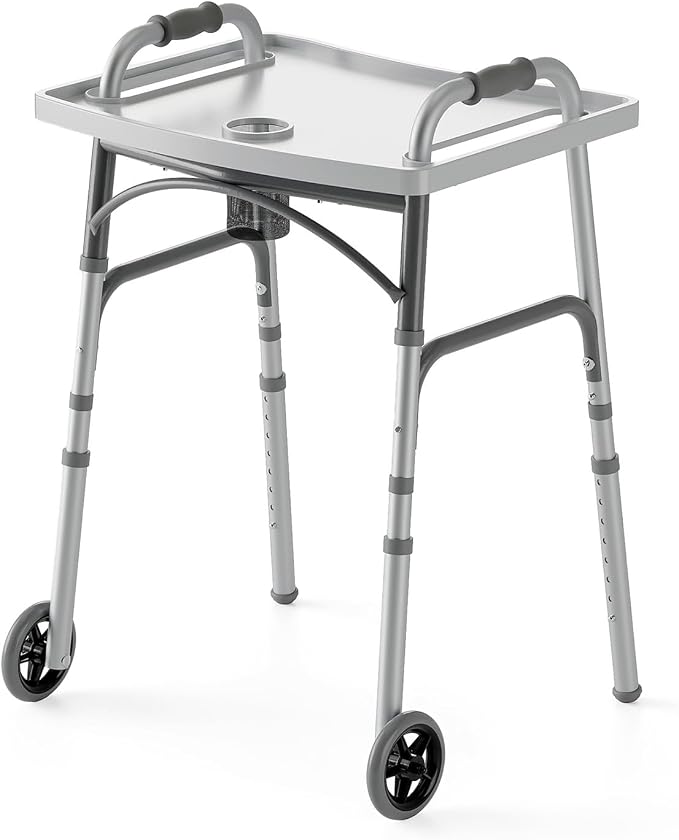 Dual Push-Button Folding Walker with Wheels & Removable Food Tray | Adjustable Height Lightweight Walker for Seniors, 350lb Capacity