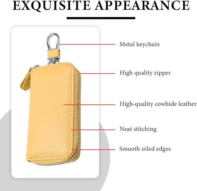Leather Car Key Holder Bag, Unisex Key Fob Case with 6 Hooks, Zipper Closure Keychian Case Wallet for Smart Keys (Yellow)