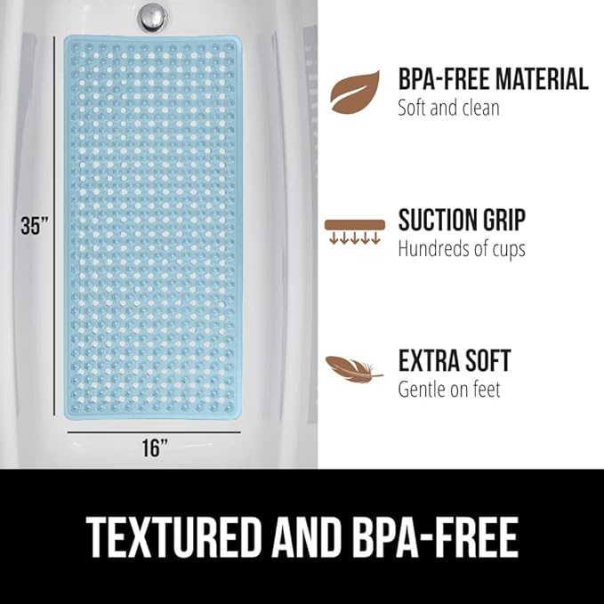 GORILLA GRIP Patented Bath Tub Shower Mat, Machine Washable Bathtub Floor Liner Mats, Suction Cups and Drain Holes to Keep Tubs Clean, Soft on Feet, Bathroom Essentials, 35x16 Inch, Clear Blue