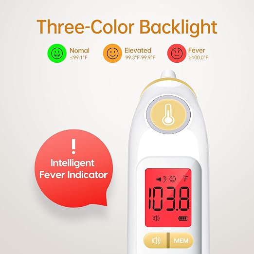 Femometer Family Ear Thermometer for Adults and Kids, Yellow | 1s Fast Accurate Reading, 30-Memory Recall, 3-Color Fever Alert, ℃/℉ Switchable, Silent Mode, with 24 Disposable Probe Covers