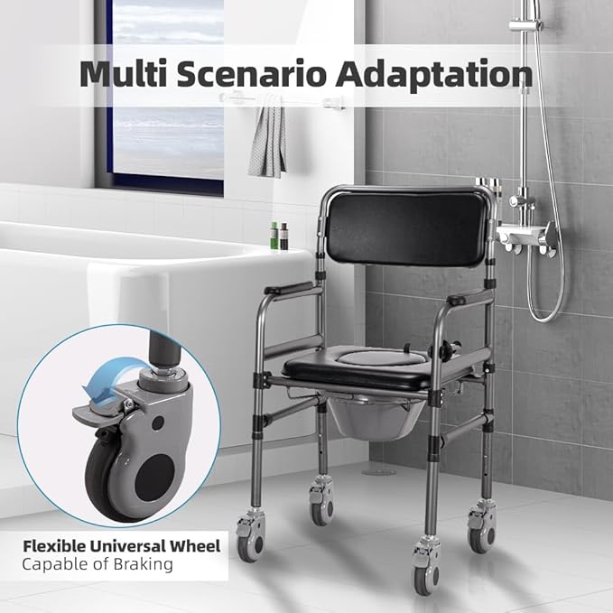 Bedside Commode Chair Foldable Height-Adjustable Toilet Chair with PU Seat 3" Locking Wheels,400lbs Capacity, 22.8-40.6" Adjustable Foldable Shower Chair (Toilet-Round)