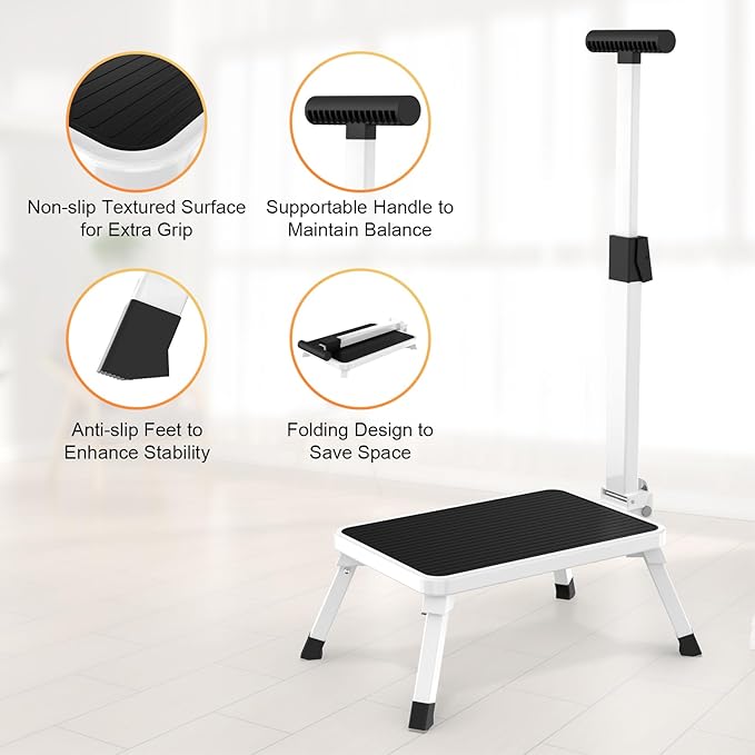 Step Stools for Adults, Foldable Step Stool with Handle for Elderly Seniors Stepping Stool with Non-Slip Step Platform Metal Stool in Kitchen, Bedroom,Bathroom,330 Lbs Capacity(Patent Protection)