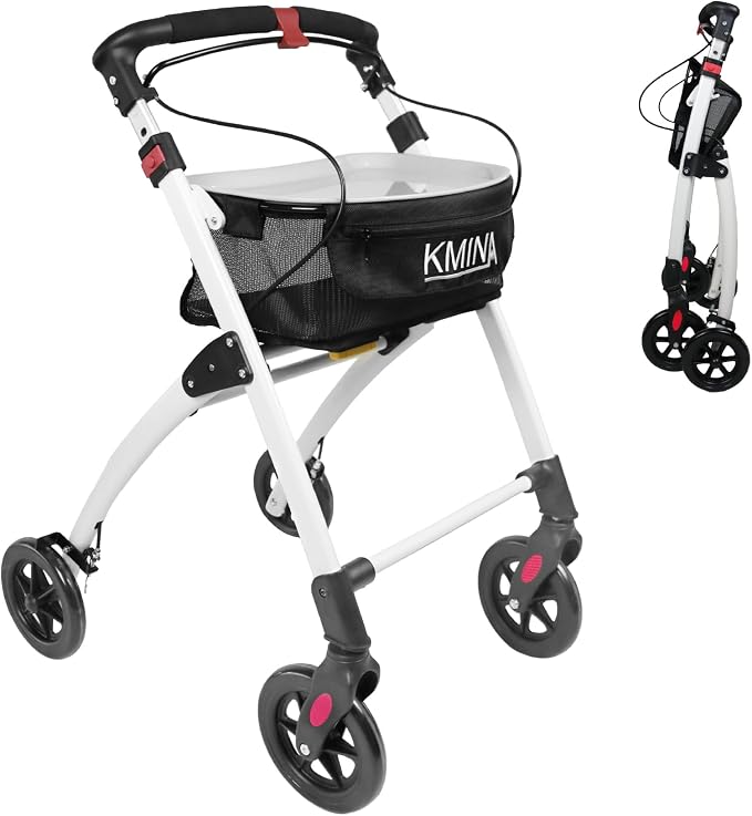KMINA Narrow Walker for Small Spaces (22" Wide), Foldable Walker | Tray and Basket, 4 Wheels and Brakes, Lightweight Indoor Rollator for Seniors, Black
