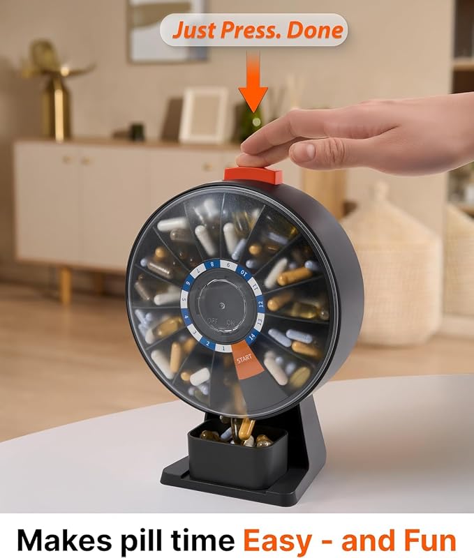Pill Dispenser 14 Day – Rotating Medicine Organizer Wheel with Push Button | Wall Mounted or Desktop Manual Pill Dispenser for Elderly & Seniors, Large Capacity Vitamin & Medication Organizer