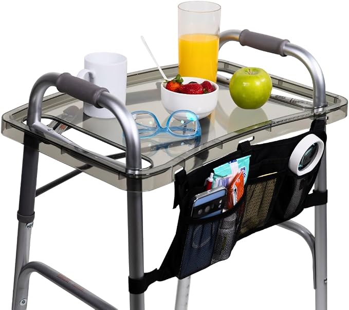 StrongArm Clear View Walker Tray + Bag + Non-Slip Mat & Cup Holder, Tray for Folding Walkers, Food Tray, Walker Accessories, Tray Table for Standard Adult Walkers (Black)