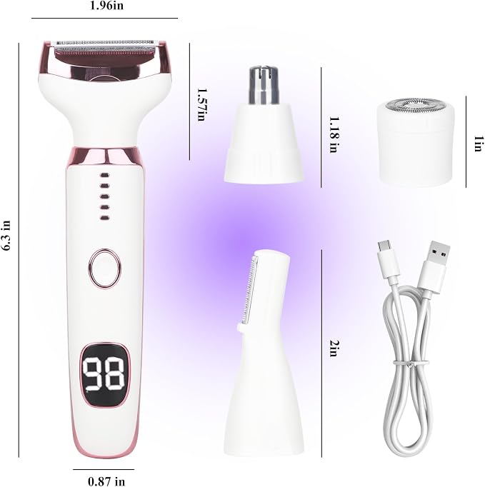 2026 Electric Razor for Women Men,4 in 1 Ladies Wet & Dry Body Razors and Facial Hair Remover,Rechargeable LED Display Hair Removal Kit for Nose Face Body Bikini Hair (Multicolor Pink)