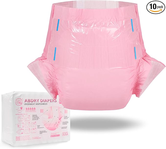 Littleforbig Adjustable Tapes Adult Diaper 10 Pieces - ABDry Ultra Absorbent Diapers 6500 mL Pink (X-Large 48"-56")
