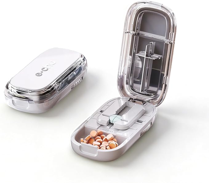 Pill Cutter Splitter for Small and Tiny Large Pills,Adjustable Pill Splitter Push-Button Cuts into 1/2, 1/3, 1/4，Comes with a Small Brush and a Medicine Storage Box (Grey, 1/4)