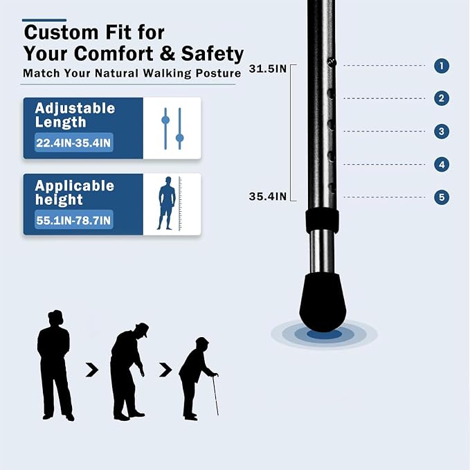 Cane with Seat, Folding Walking Cane Chair with LED Light, Height Adjustable Lightweight Aluminum Walking Stick with Seat, Portable Seat for Seniors & Adults, Fits 55.1–78.7 in Height, 250 lb Capacity