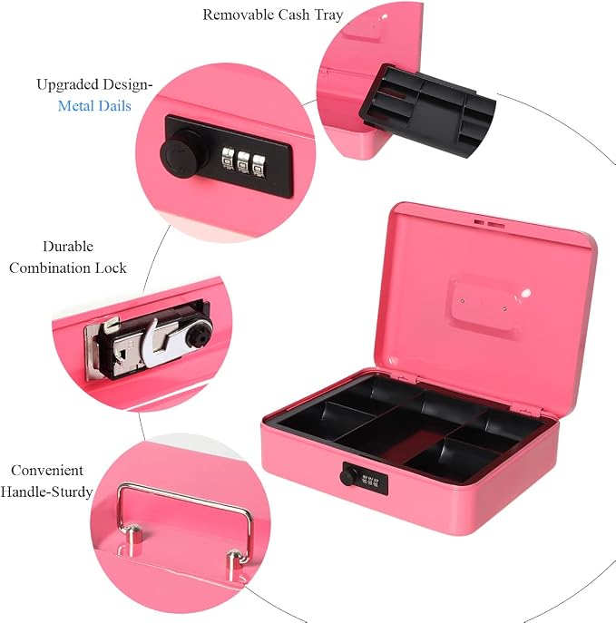 Jssmst Large Cash Box with Combination Lock - Durable Metal Cash Box with Money Tray, Pink, 11.81 x 9.84 x 3.46 inches, CB0705XLN