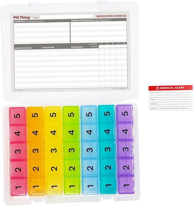 5 Times a Day Weekly Pill Box Organizer Case, Secure 7 Day Pillbox with Medication Schedule (5 Time-a-Day)