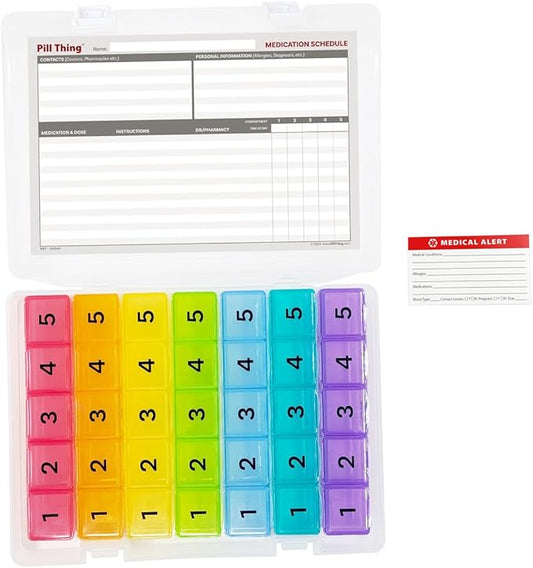 5 Times a Day Weekly Pill Box Organizer Case, Secure 7 Day Pillbox with Medication Schedule (5 Time-a-Day)