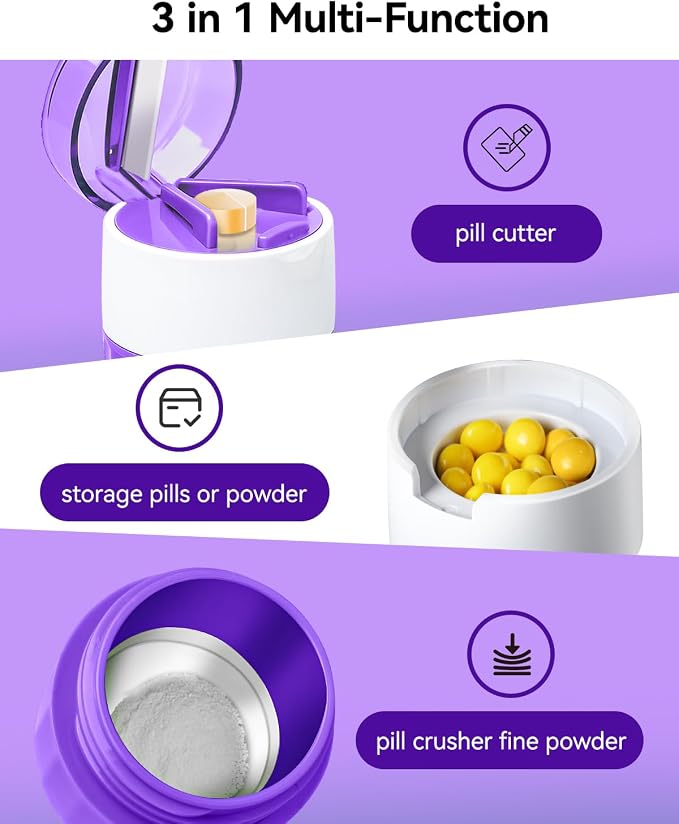 Pill Crusher and Pill Cutter - Cotatoc 3-in-1 Pill Crusher Fine Powder with Stainless Steel Grinding Head, Tablet Grinder with Storage for Tablets, Pill Cutter Splitter for Small Pills (Purple)