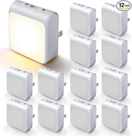 12-Pack Dimmable LED Night Lights Plug into Wall with Dusk to Dawn Sensor, 50lm Plug in Night Light Color & Brightness Adjustable, Auto-On/Off Nightlight for Bedroom, Kitchen, Bathroom, Stairs