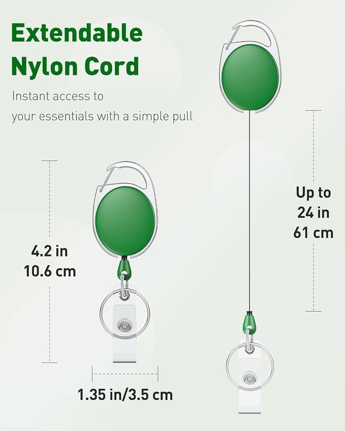 Uniclife 2 Pack Retractable Badge Reel for Badge Holder Green Heavy Duty Retractable Keychain Strong ABS Casing with Stainless Steel Spring Coil 24 Inch Nylon Rope Carabiner Clip and Key Ring