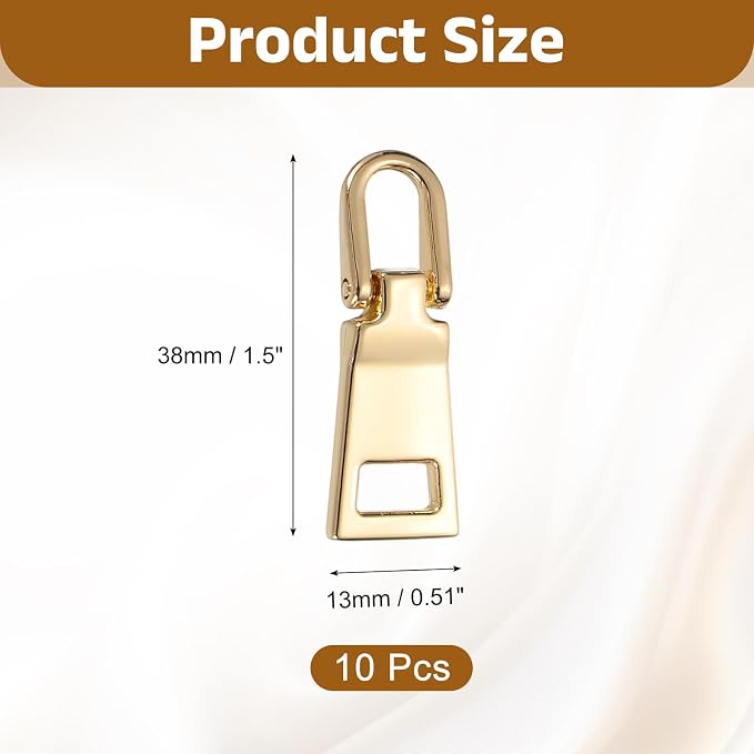 uxcell 10pcs Zipper Pull, 1.5 Inch Zinc Alloy Zip Puller Zipper Pull Replacement Sewing Zippers Tapes for Luggage Clothing Jackets Backpacks Boots, Gold