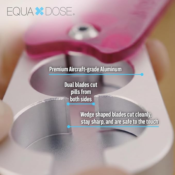 EQUADOSE Pill Splitter with Premium and Durable Aluminum Blades, Safely and Cleanly Cuts Small and Large Tablets, Vitamins, and Pills, Easy Tablet Divider for Accurate Medication Dosing, Pink